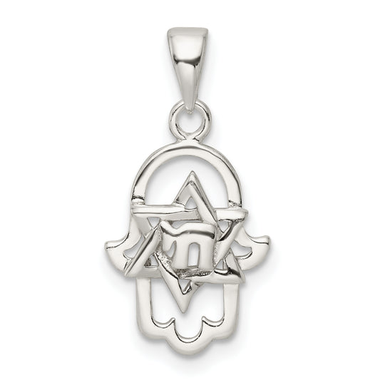 Sterling Silver Polished Chai In Star Of David Hamsa Pendant