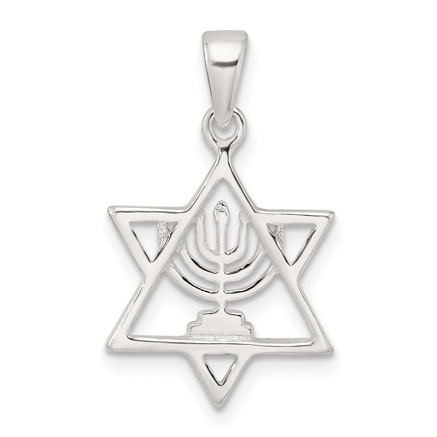 Sterling Silver Polished And D/C Star Of David W/Menorah Pendant