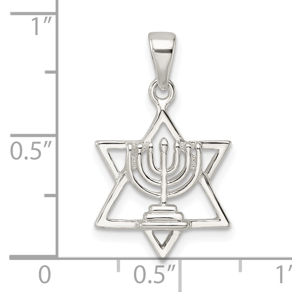 Sterling Silver Polished And D/C Star Of David W/Menorah Pendant