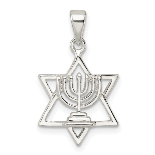 Sterling Silver Polished And D/C Star Of David W/Menorah Pendant