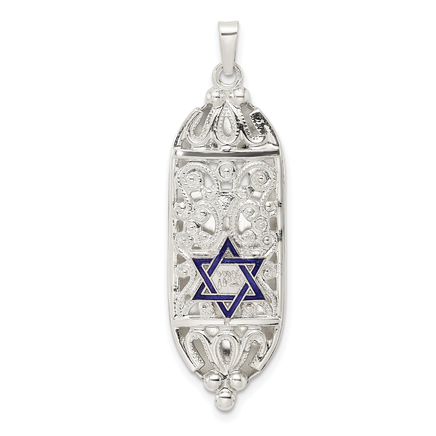 Sterling Silver Polished Solid Mezuzah W/Enameled Star Of David Pendant