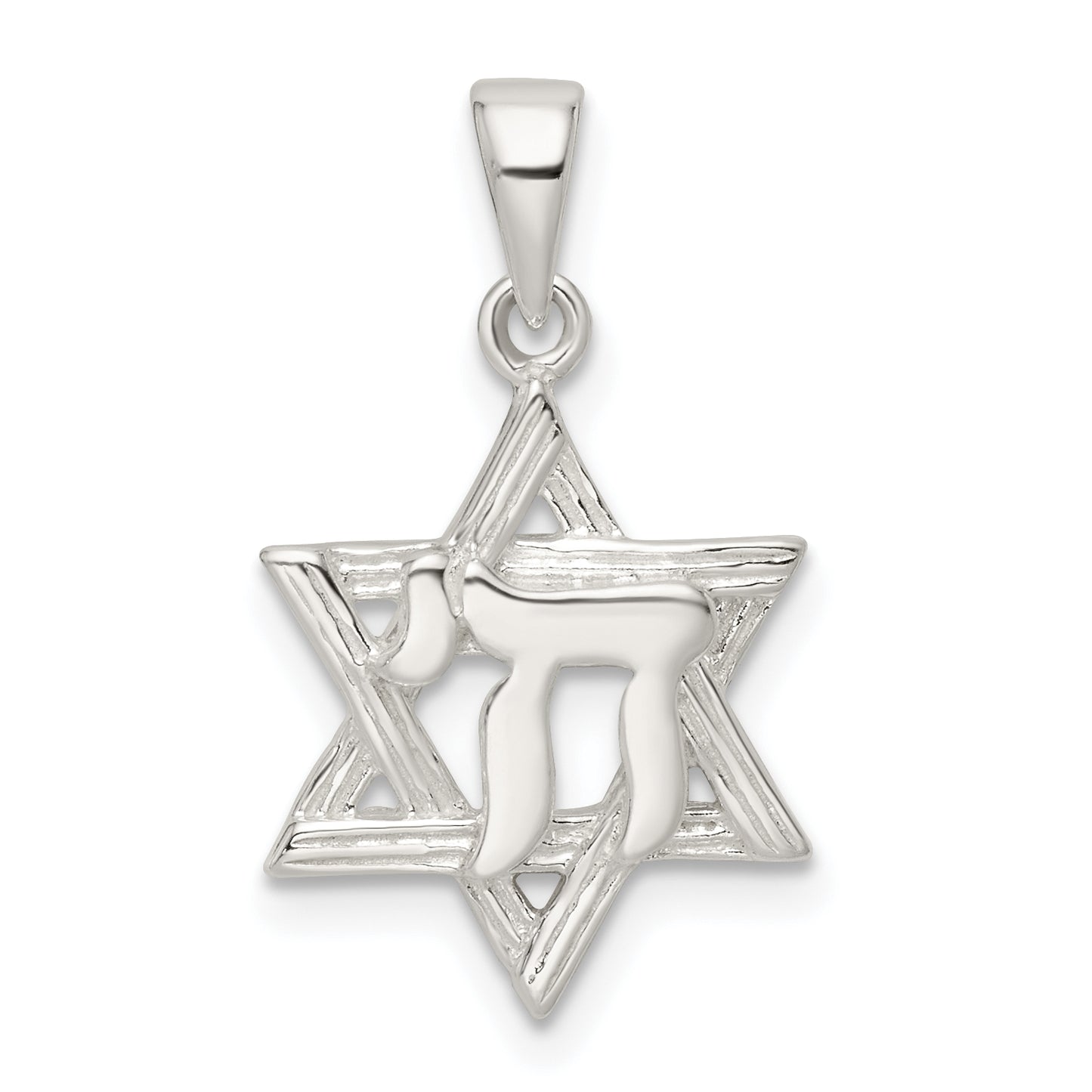 Sterling Silver Polished And D/C Star Of David W/Chai Pendant