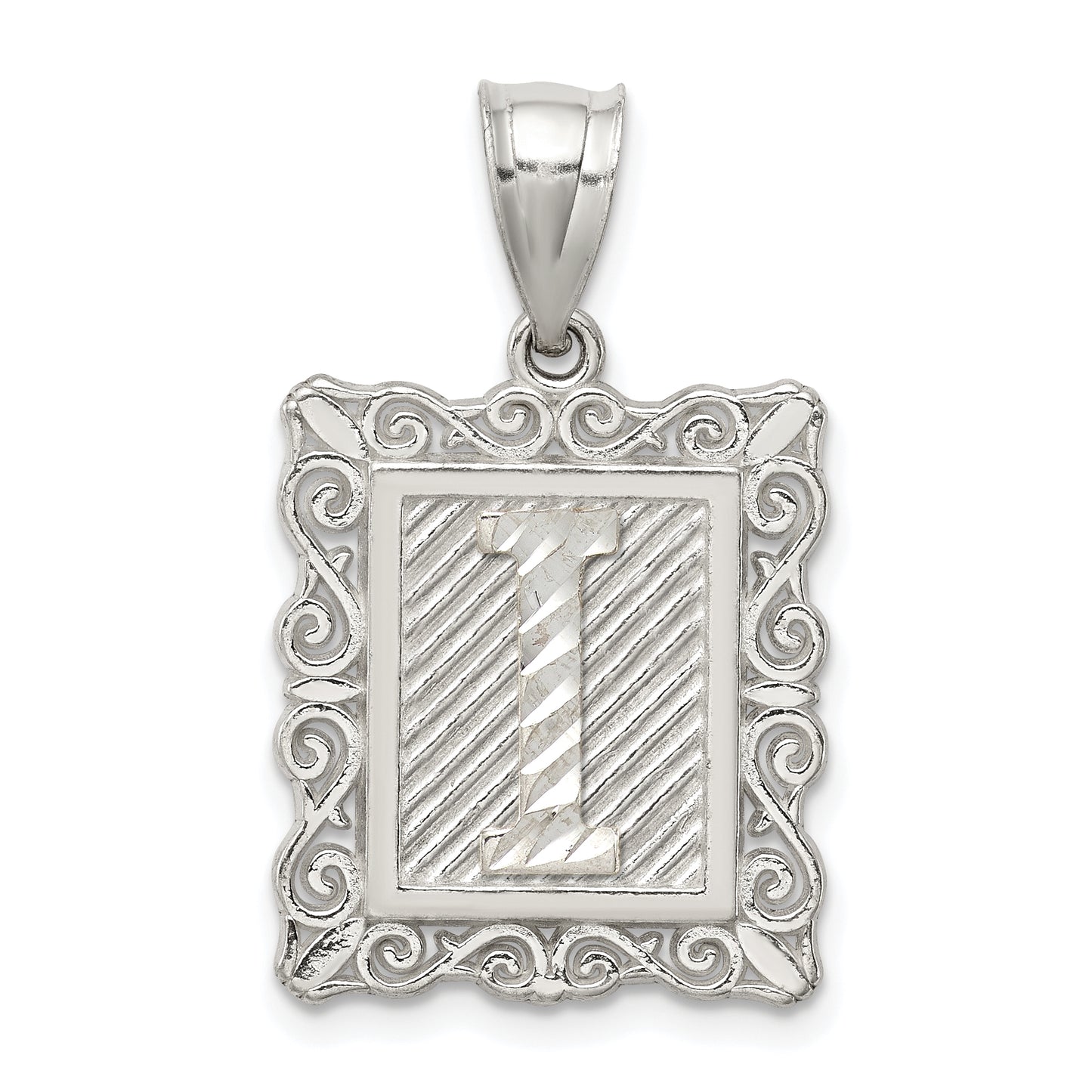 Sterling Silver Square Diamond-Cut Letter I Initial Pendant