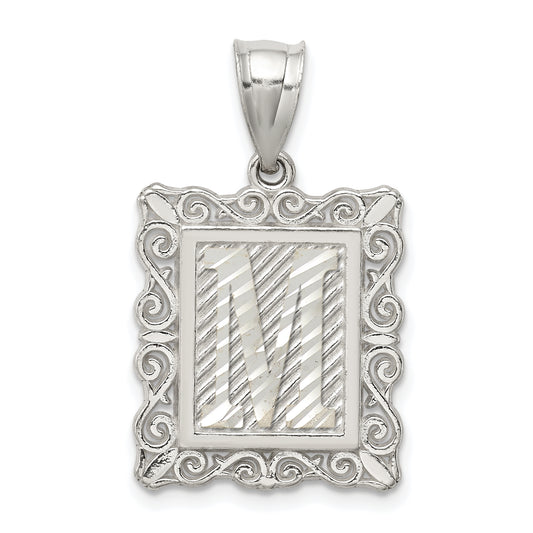 Sterling Silver Square Diamond-Cut Letter M Initial Pendant