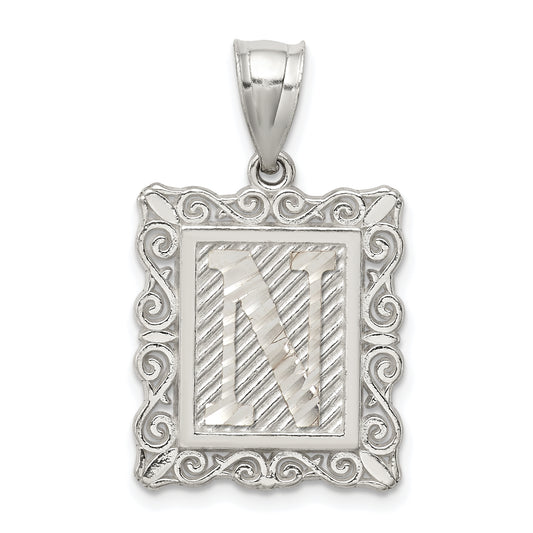 Sterling Silver Square Diamond-Cut Letter N Initial Pendant