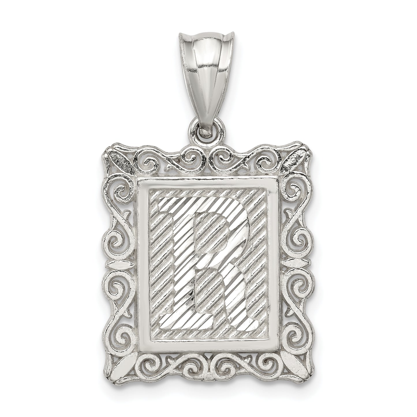 Sterling Silver Square Diamond-Cut Letter R Initial Pendant