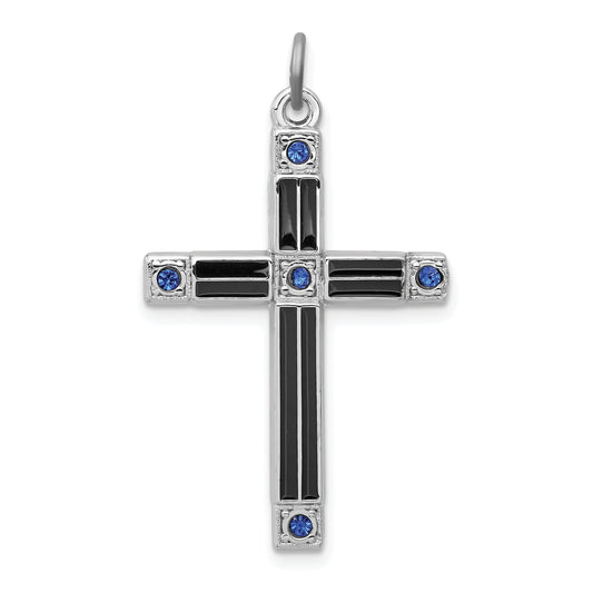 Sterling Silver Rhodium-Plated Enameled & Blue Cz Cross Pendant