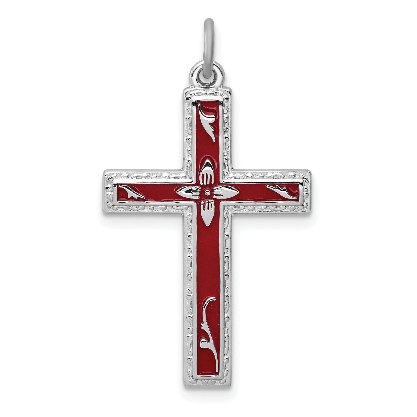 Sterling Silver Rhodium-Plated Red Enameled Cross Pendant