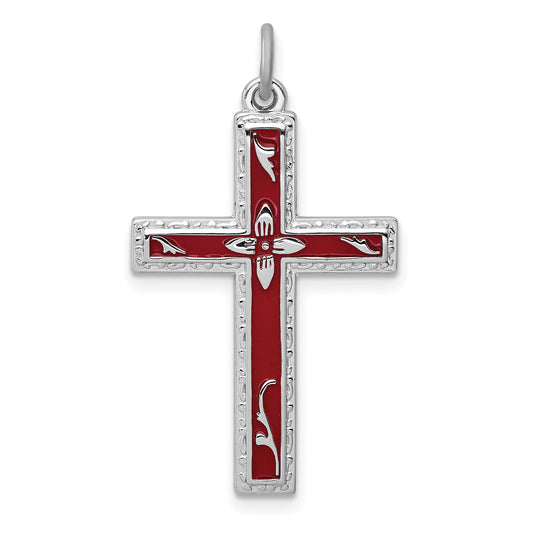 Sterling Silver Rhodium-Plated Red Enameled Cross Pendant