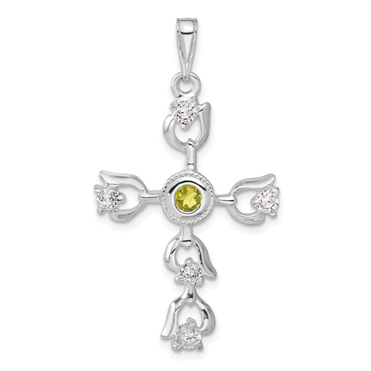 Sterling Silver Green & Clear Cz Cross Pendant