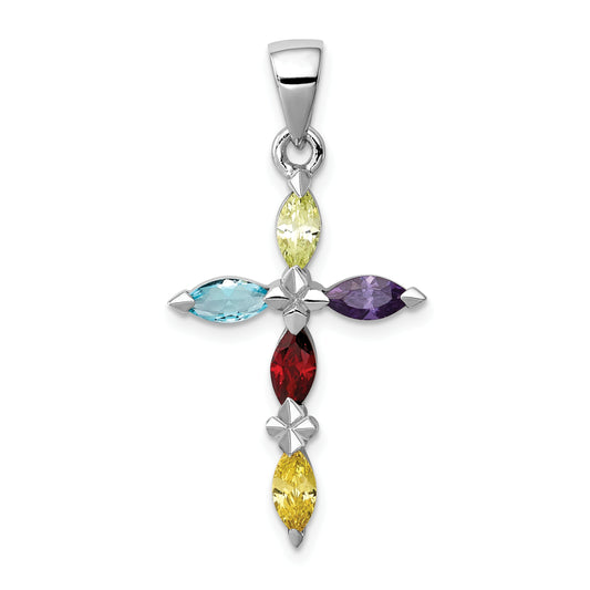 Sterling Silver Rhodium-Plated Multi-Color Cz Cross Pendant