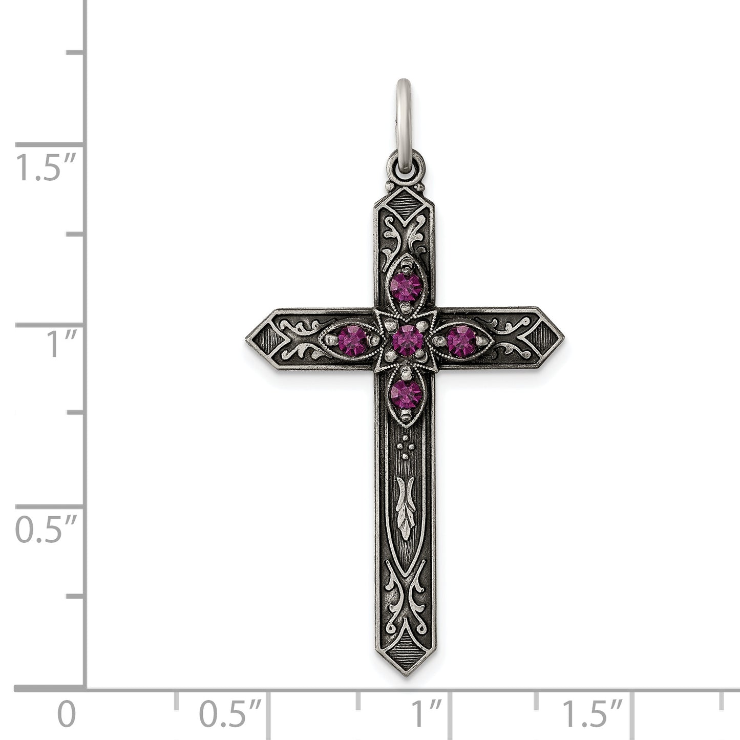 Sterling Silver Antiqued February Glass Birthstone Cross Pendant