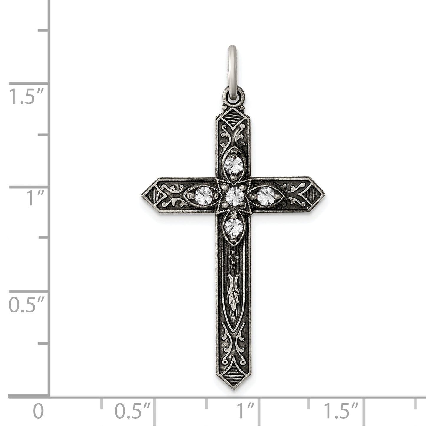 Sterling Silver Antiqued April Glass Birthstone Cross Pendant