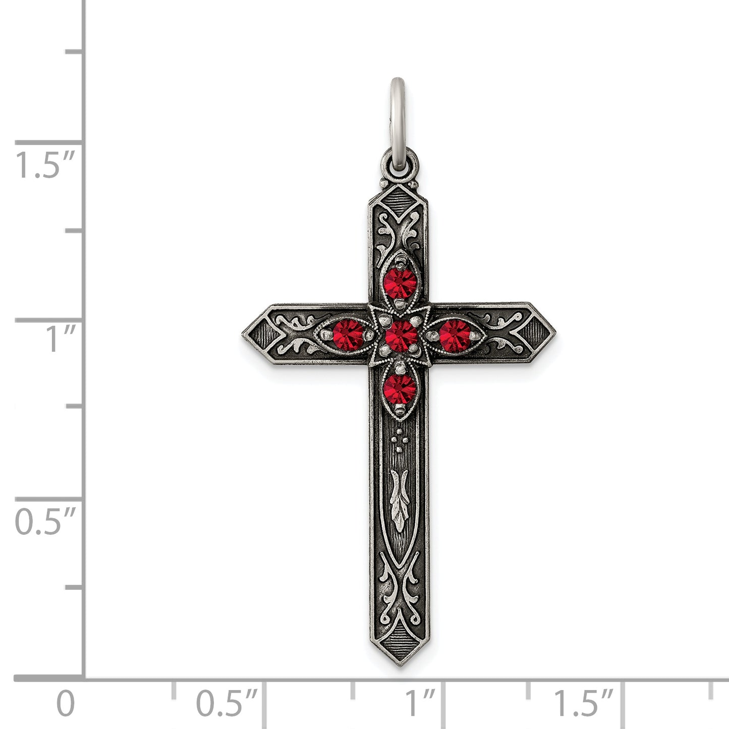 Sterling Silver Red Glass July Birthstone Antiqued Cross Pendant