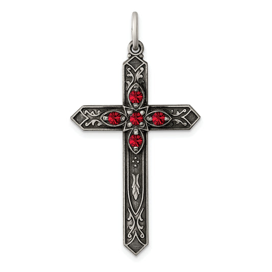 Sterling Silver Red Glass July Birthstone Antiqued Cross Pendant