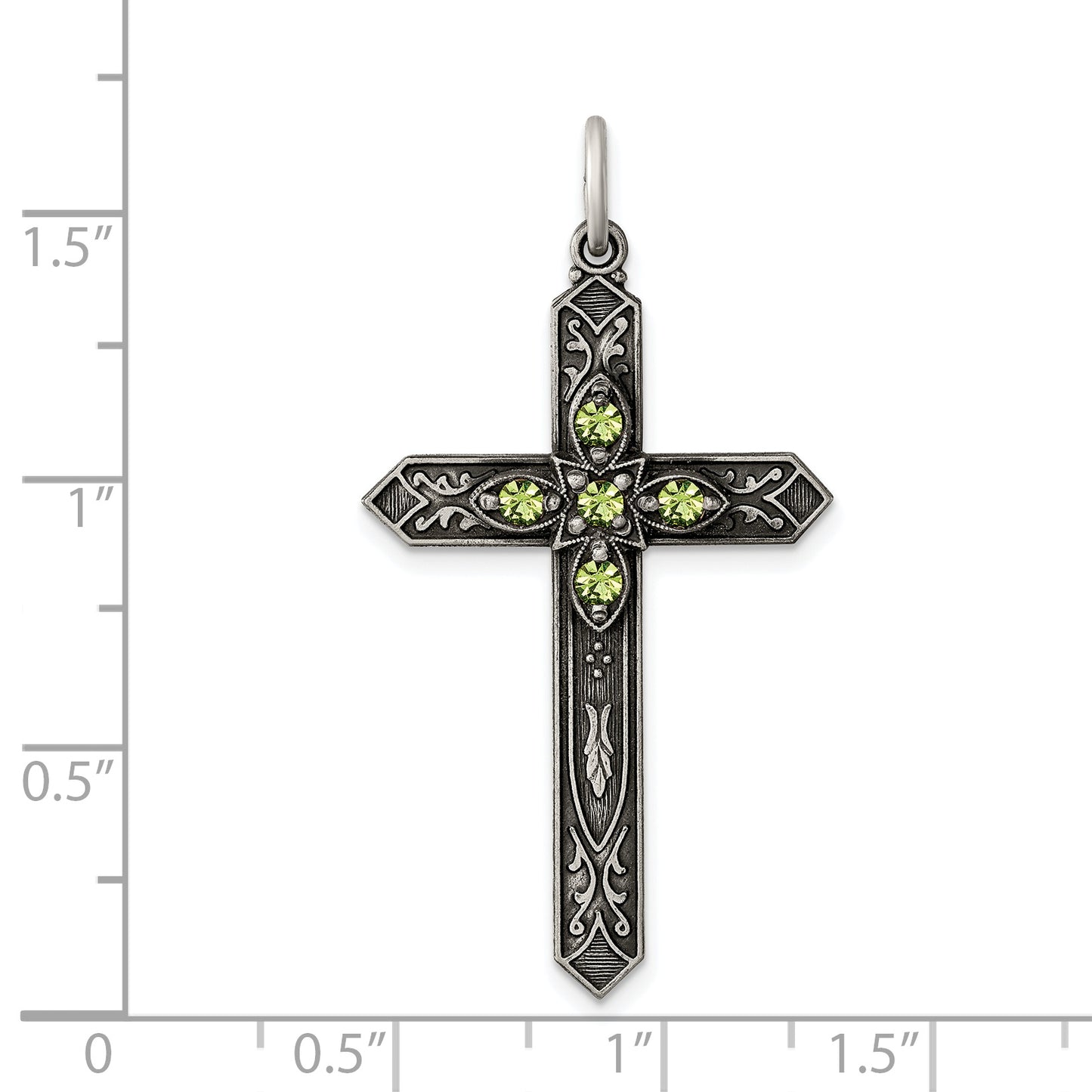 Sterling Silver Antiqued August Glass Birthstone Cross Pendant