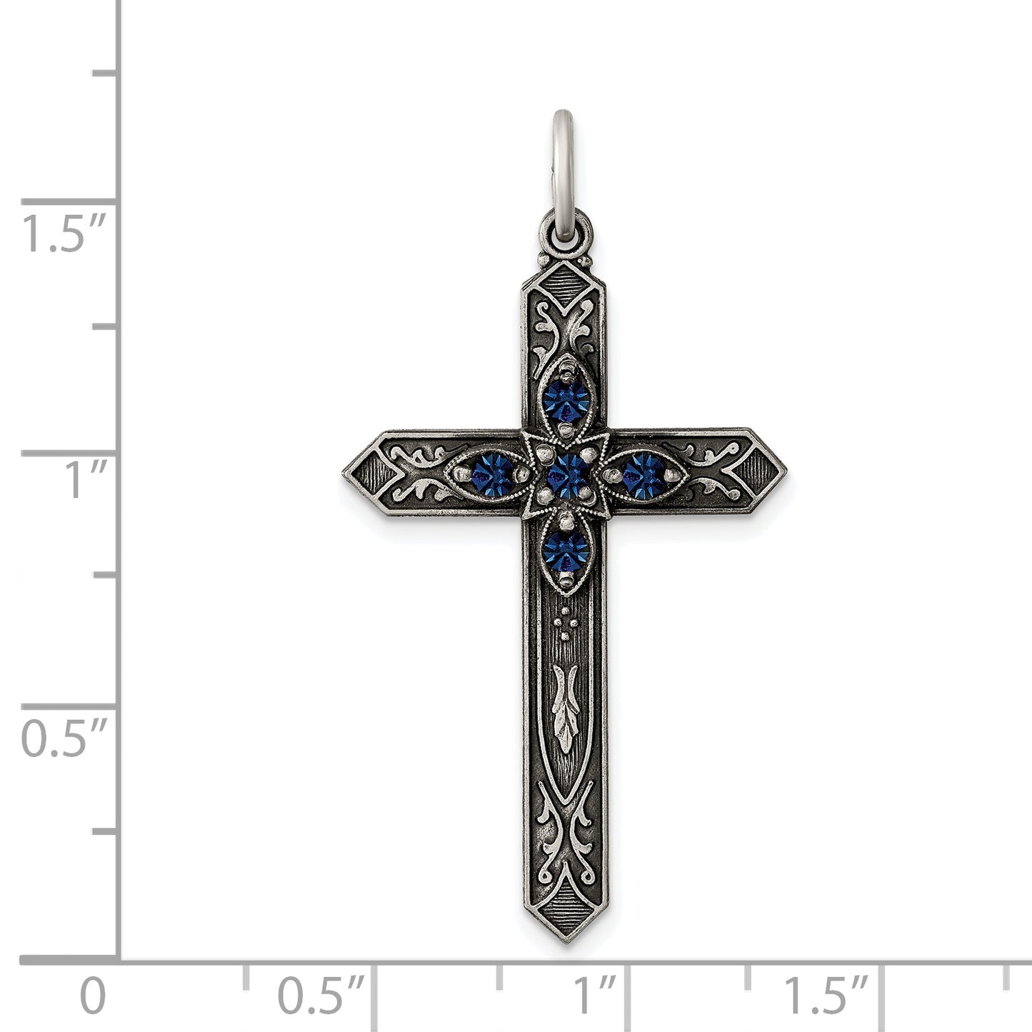 Sterling Silver Antiqued September Glass Birthstone Cross Pendant