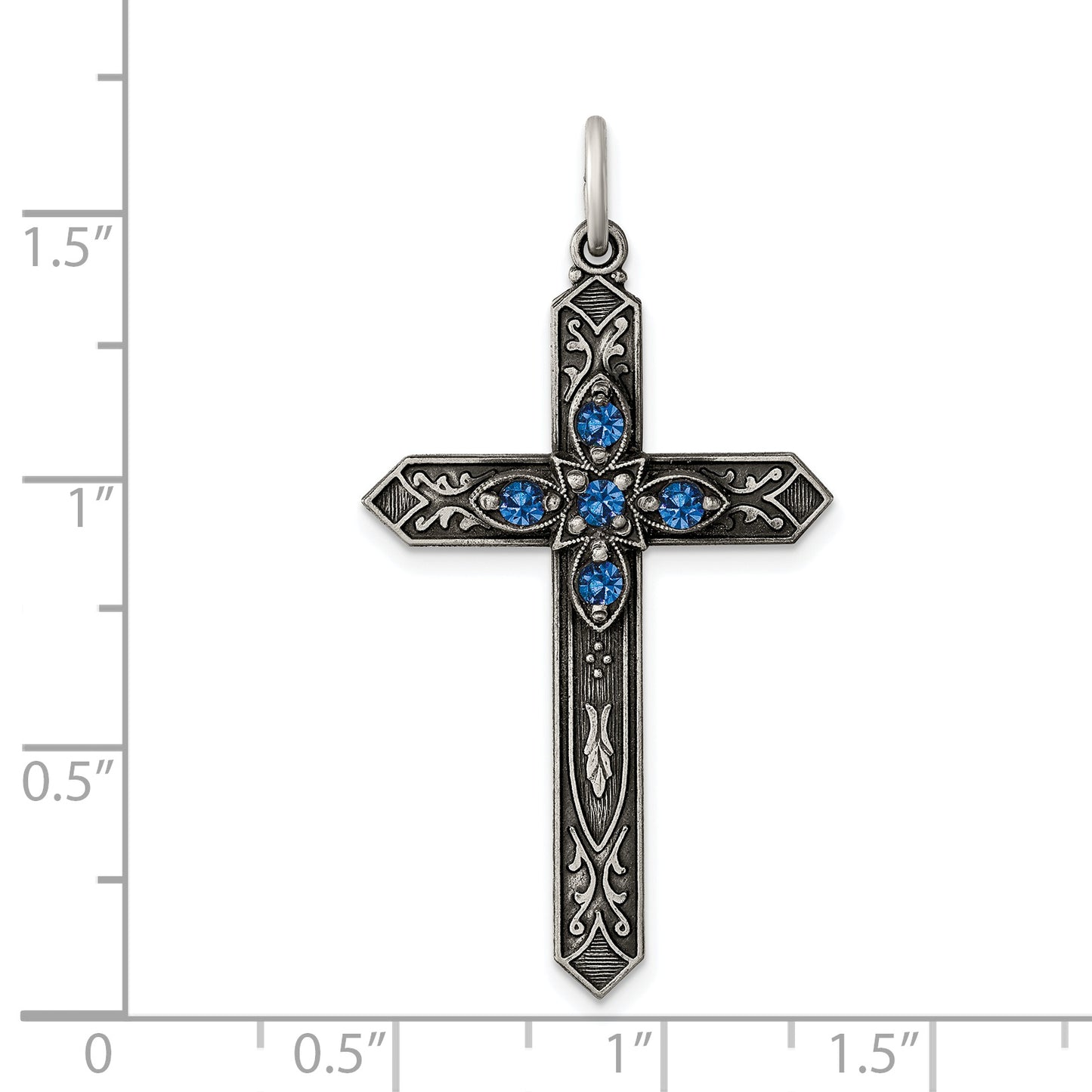 Sterling Silver Antiqued December Glass Birthstone Cross Pendant