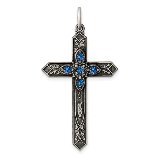 Sterling Silver Antiqued December Glass Birthstone Cross Pendant