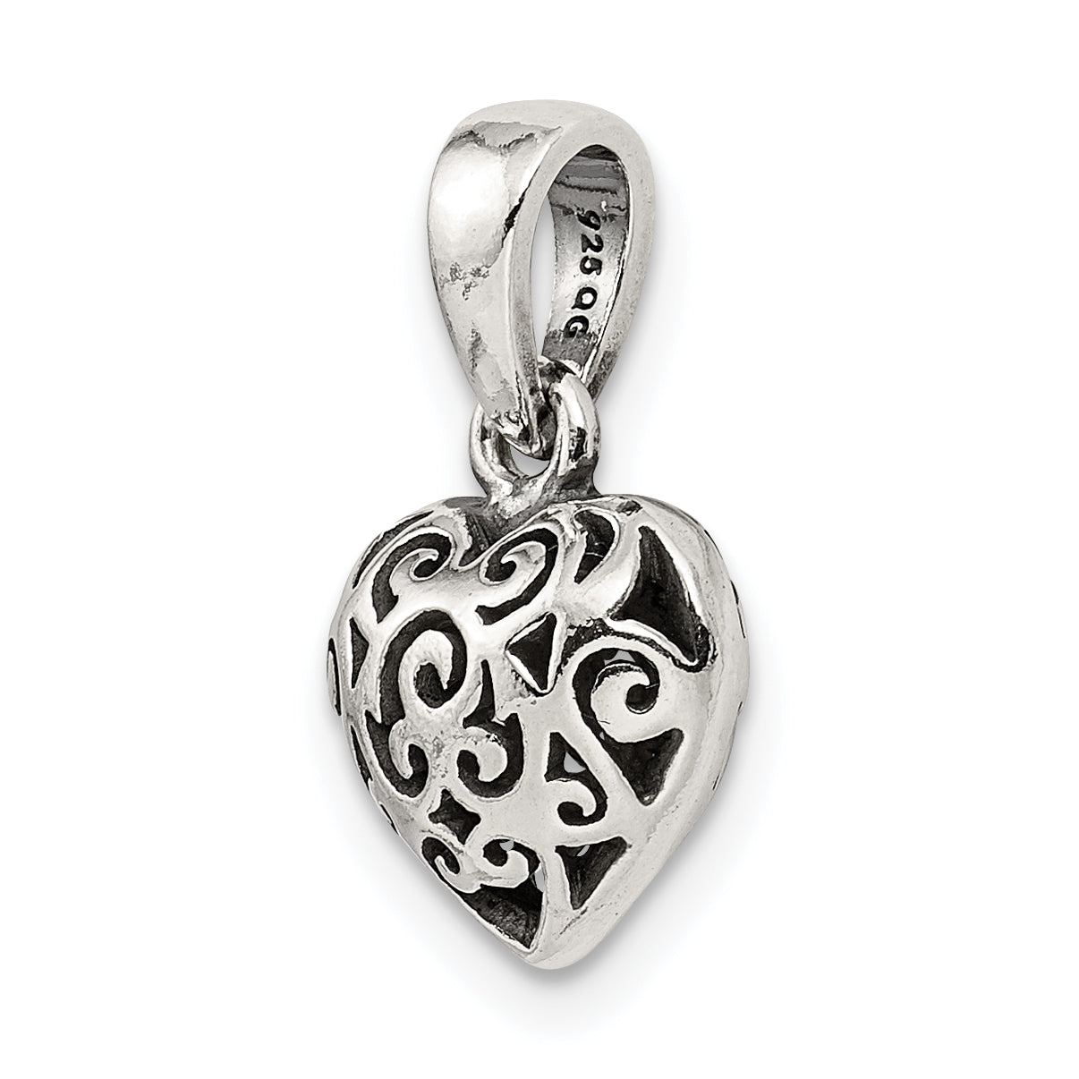 Sterling Silver Antique Filigree Puff Heart Pendant