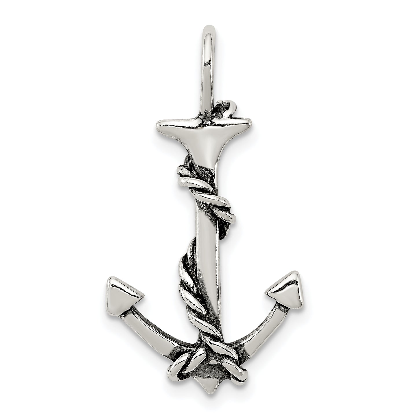 Sterling Silver 3D Antiqued Anchor And Rope Pendant