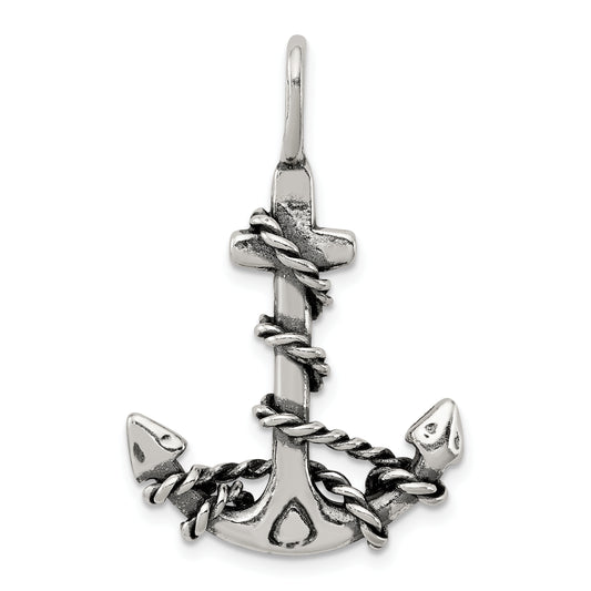 Sterling Silver 3D Antiqued Anchor And Rope Pendant