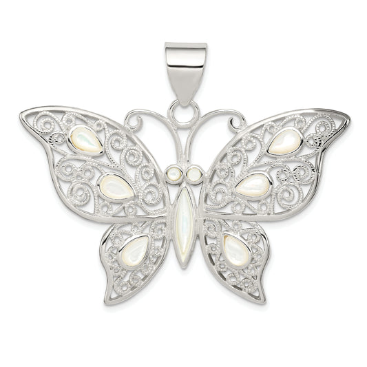 Sterling Silver Filigree Fancy Mother Of Pearl Butterfly Pendant