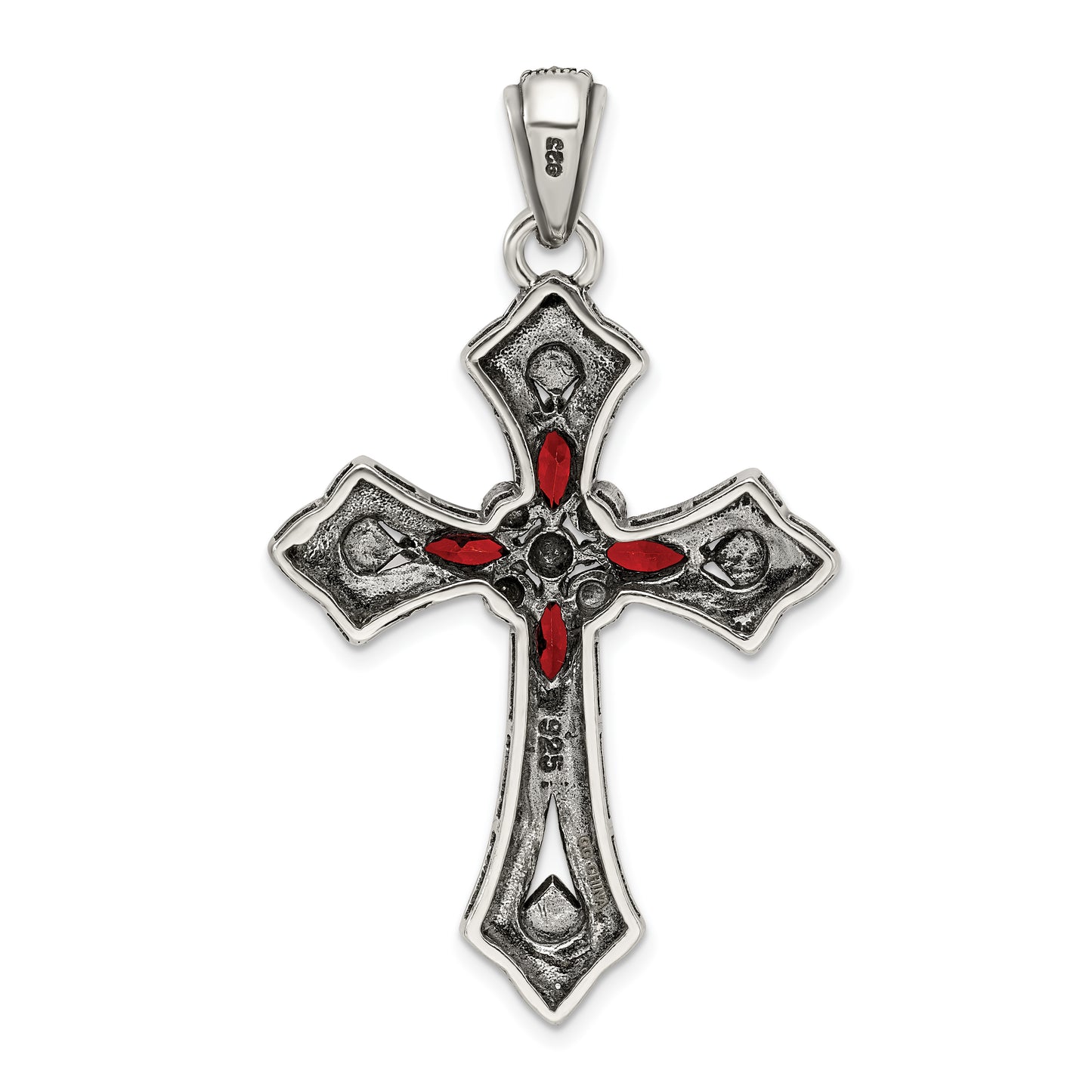 Sterling Silver Antiqued Red Marquise Cz Marcasite Cross Pendant