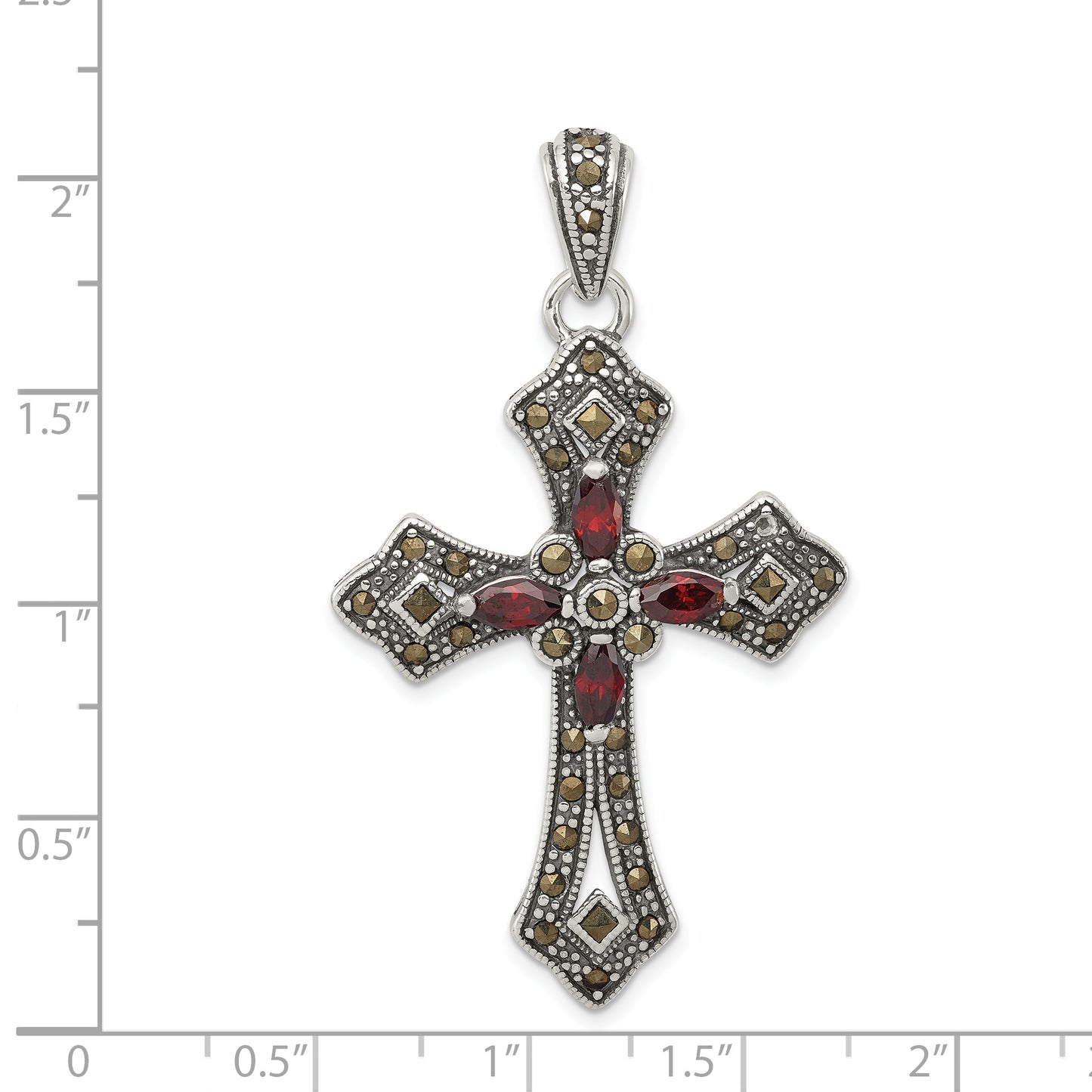 Sterling Silver Antiqued Red Marquise Cz Marcasite Cross Pendant