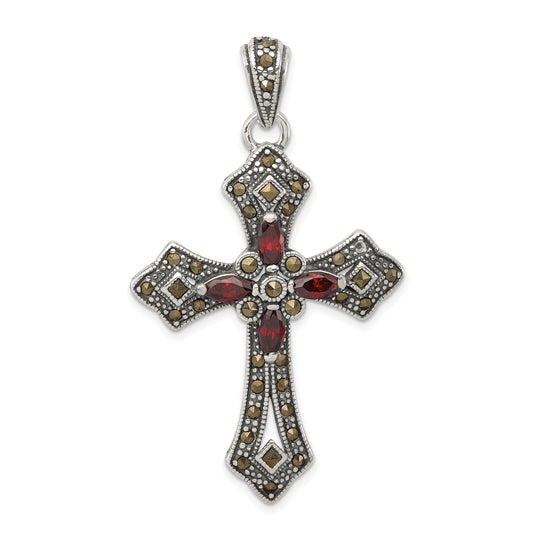 Sterling Silver Antiqued Red Marquise Cz Marcasite Cross Pendant