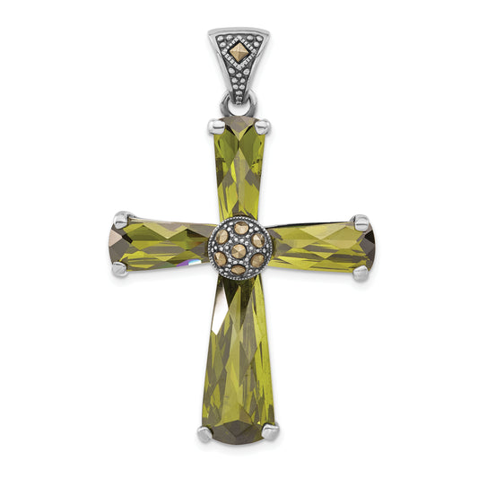 Sterling Silver Polished & Antiqued Green Cz Marcasite Cross Pendant