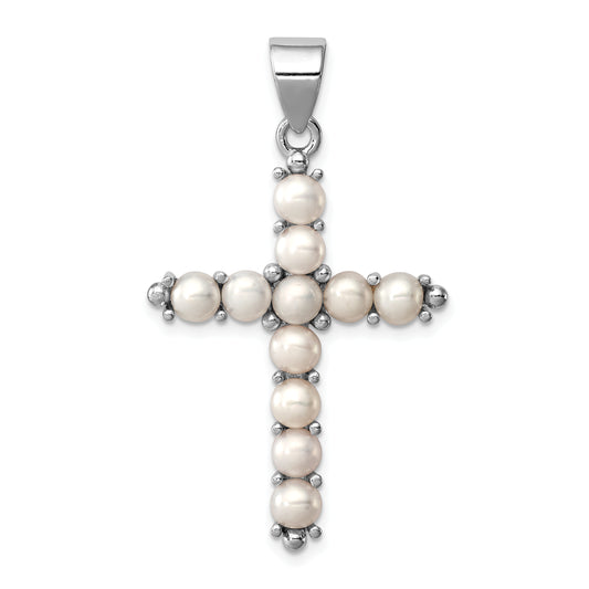 Sterling Silver Rhodium-Platedfw Cultured Pearl Cross Pendant