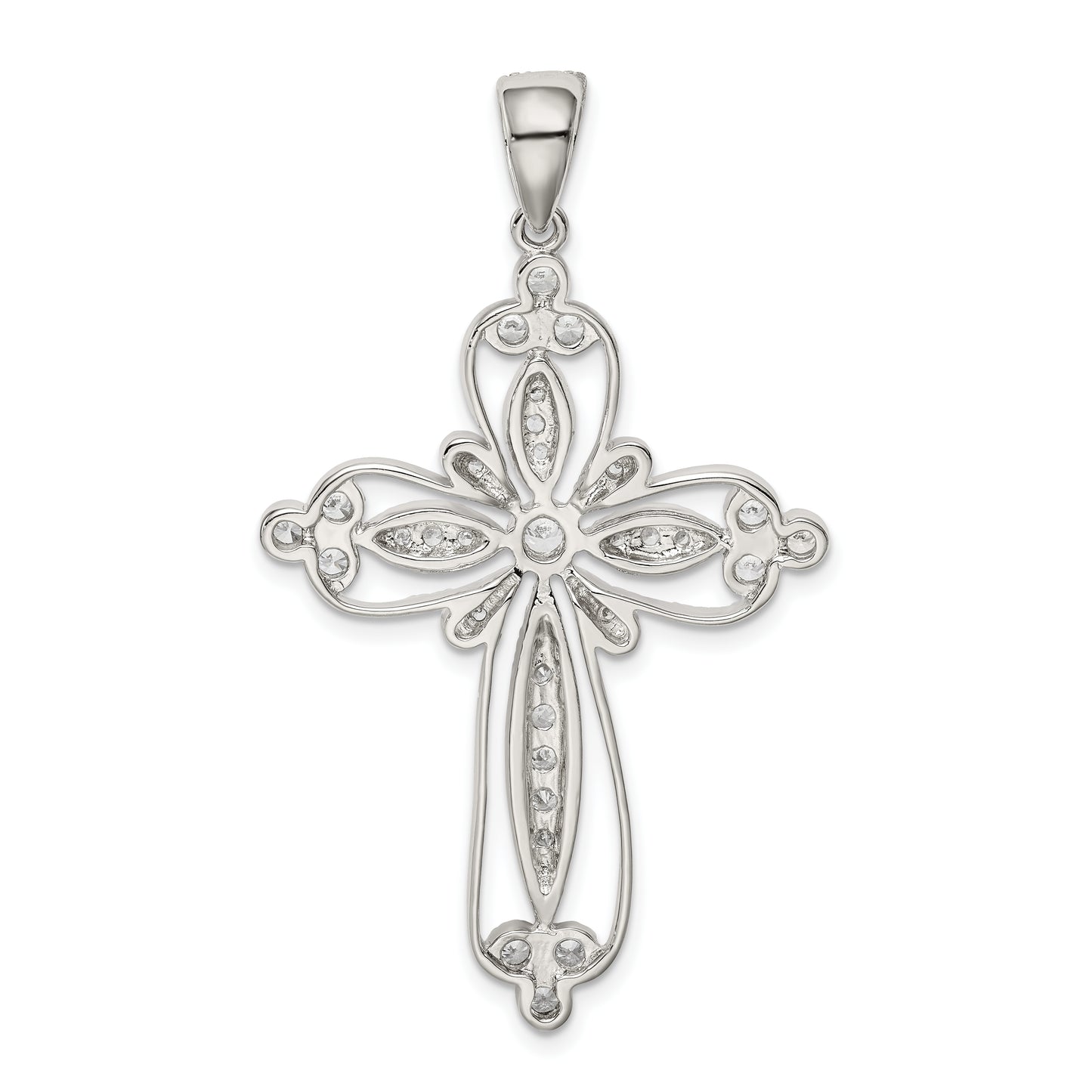 Sterling Silver Rhodium-Plated Cz Filigree Cross Pendant