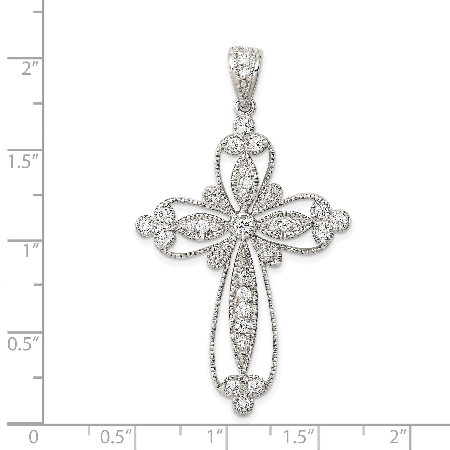 Sterling Silver Rhodium-Plated Cz Filigree Cross Pendant