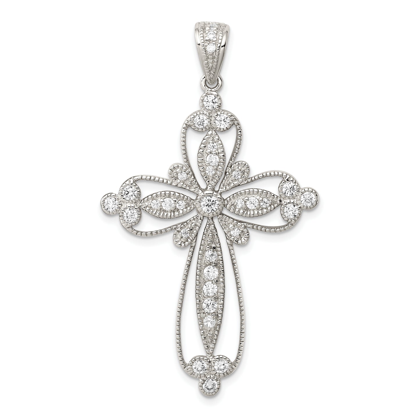 Sterling Silver Rhodium-Plated Cz Filigree Cross Pendant