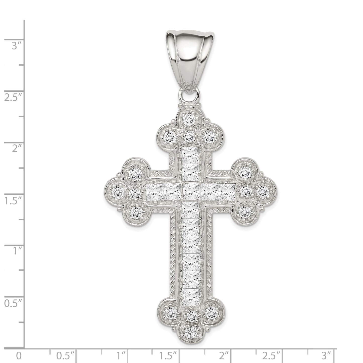 Sterling Silver Rhodium-Plated Cz Budded Cross Pendant