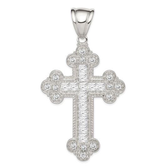 Sterling Silver Rhodium-Plated Cz Budded Cross Pendant