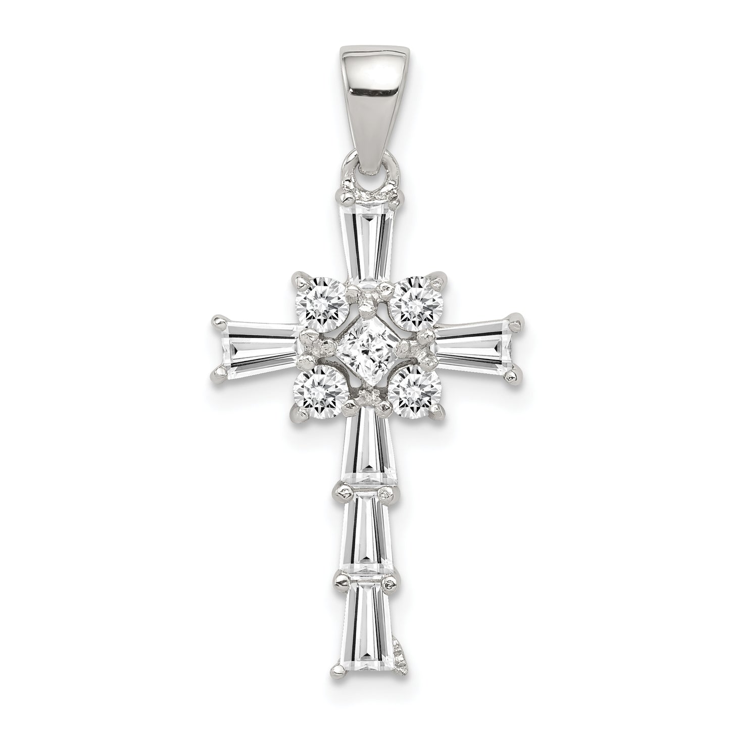 Sterling Silver Rhodium Plated Cz Latin Cross Pendant