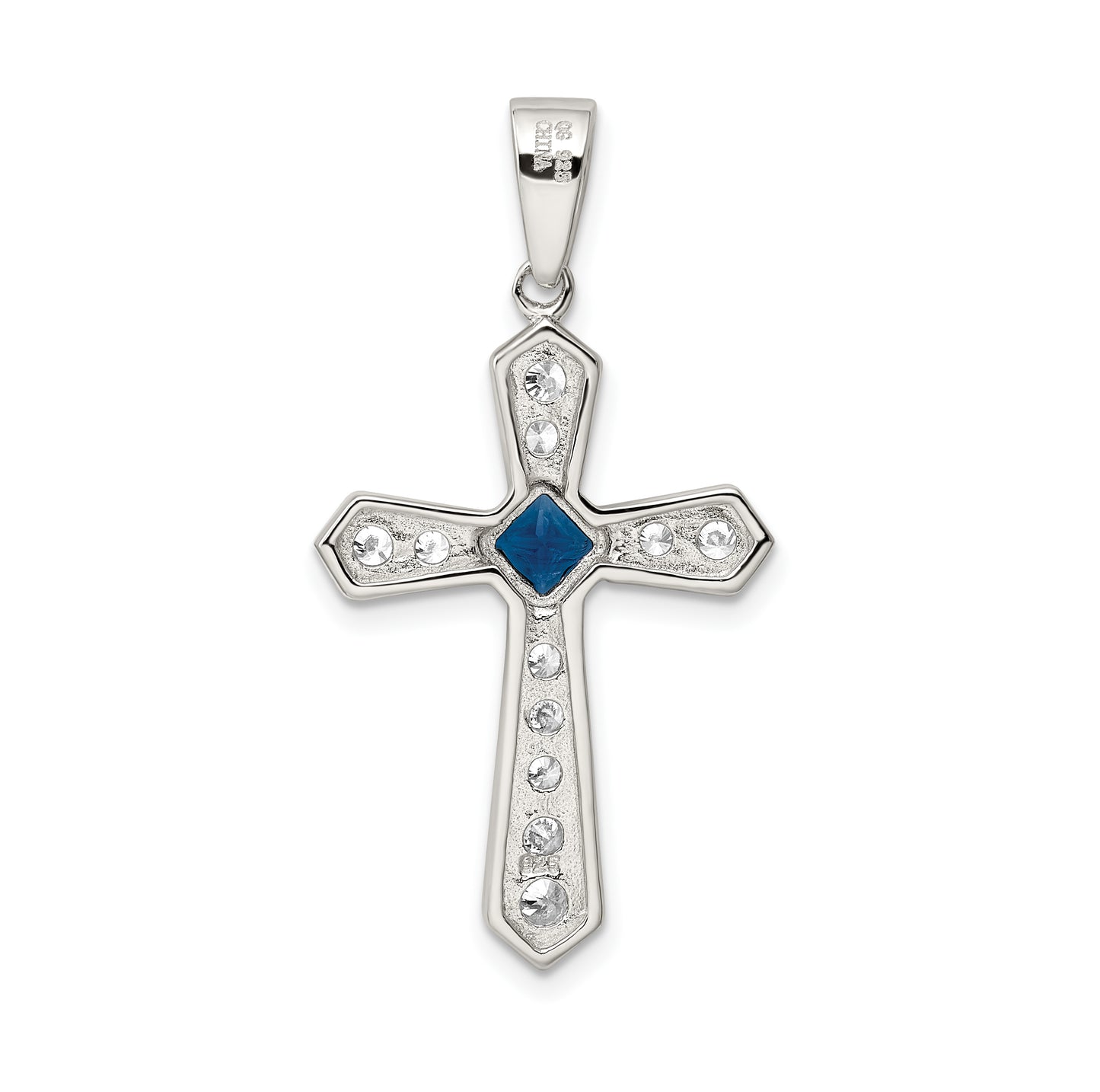 Sterling Silver Rhodium-Plated Blue Cz Center & Passion Cross Pendant