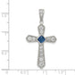 Sterling Silver Rhodium-Plated Blue Cz Center & Passion Cross Pendant