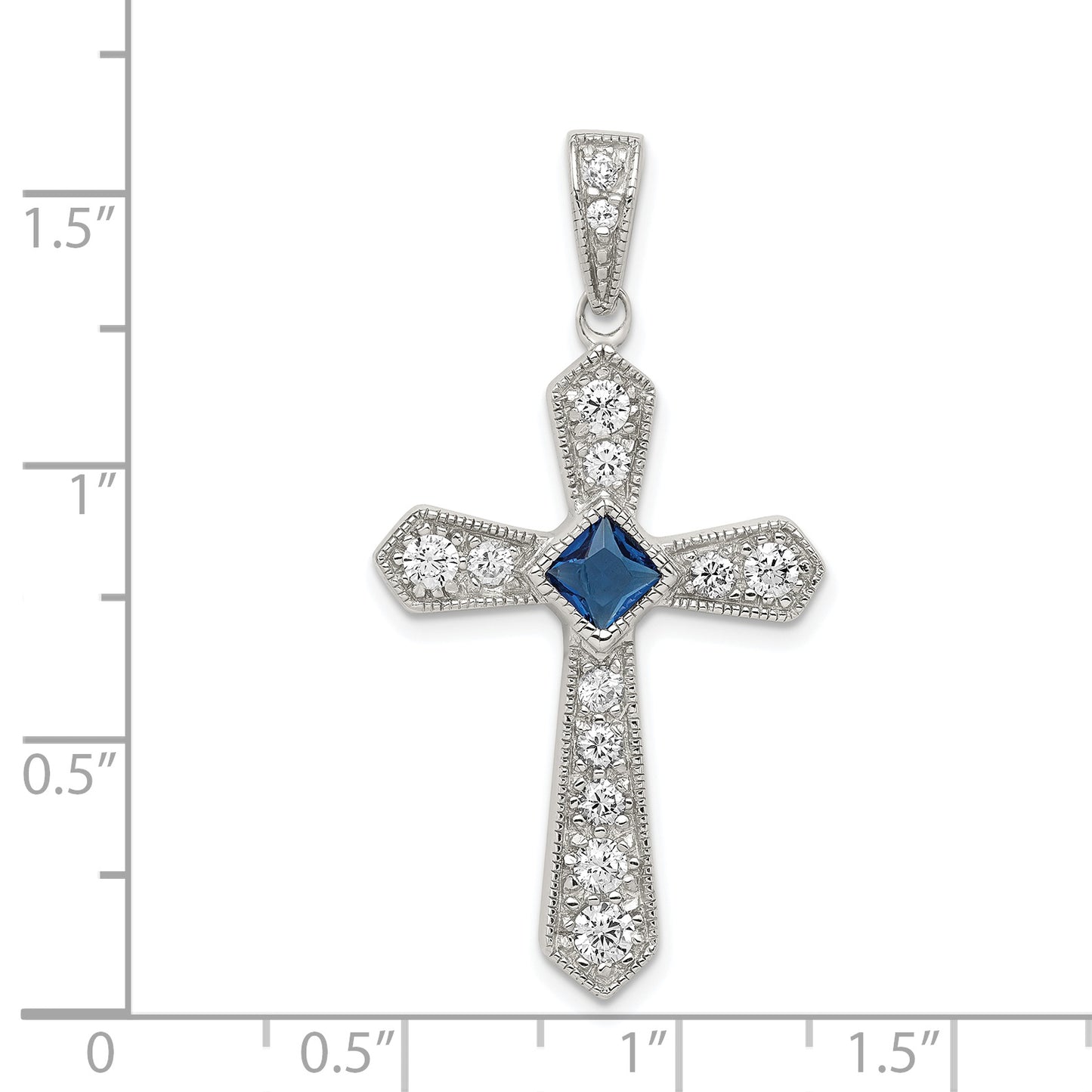 Sterling Silver Rhodium-Plated Blue Cz Center & Passion Cross Pendant