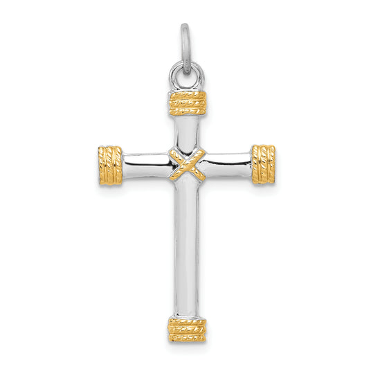 Sterling Silver Rhodium-Plated & 18K Gold-Plated Rope Cross Pendant