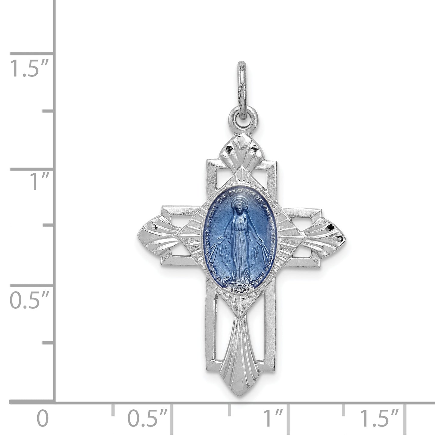 Sterling Silver Rhodium-Plated Miraculous Medal Cross Pendant