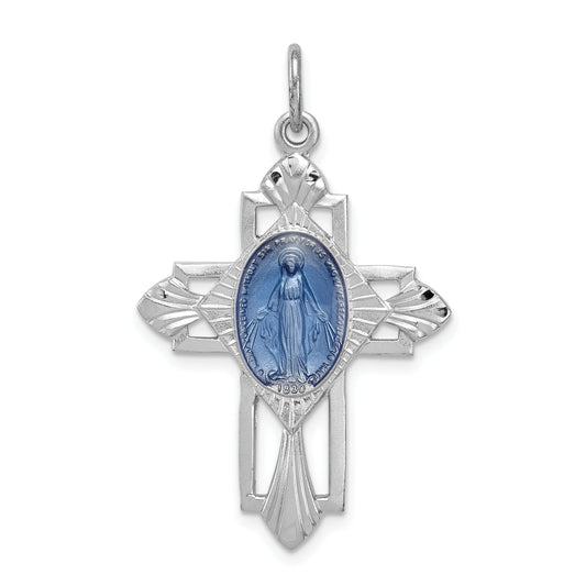 Sterling Silver Rhodium-Plated Miraculous Medal Cross Pendant