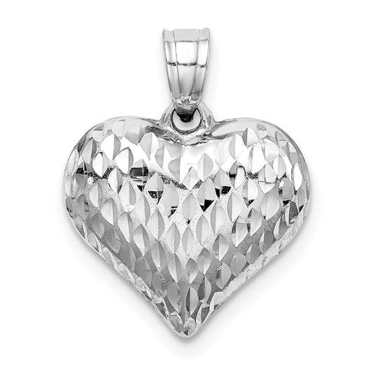 Sterling Silver Rhodium-Plated Diamond-Cut Puffed Heart Pendant