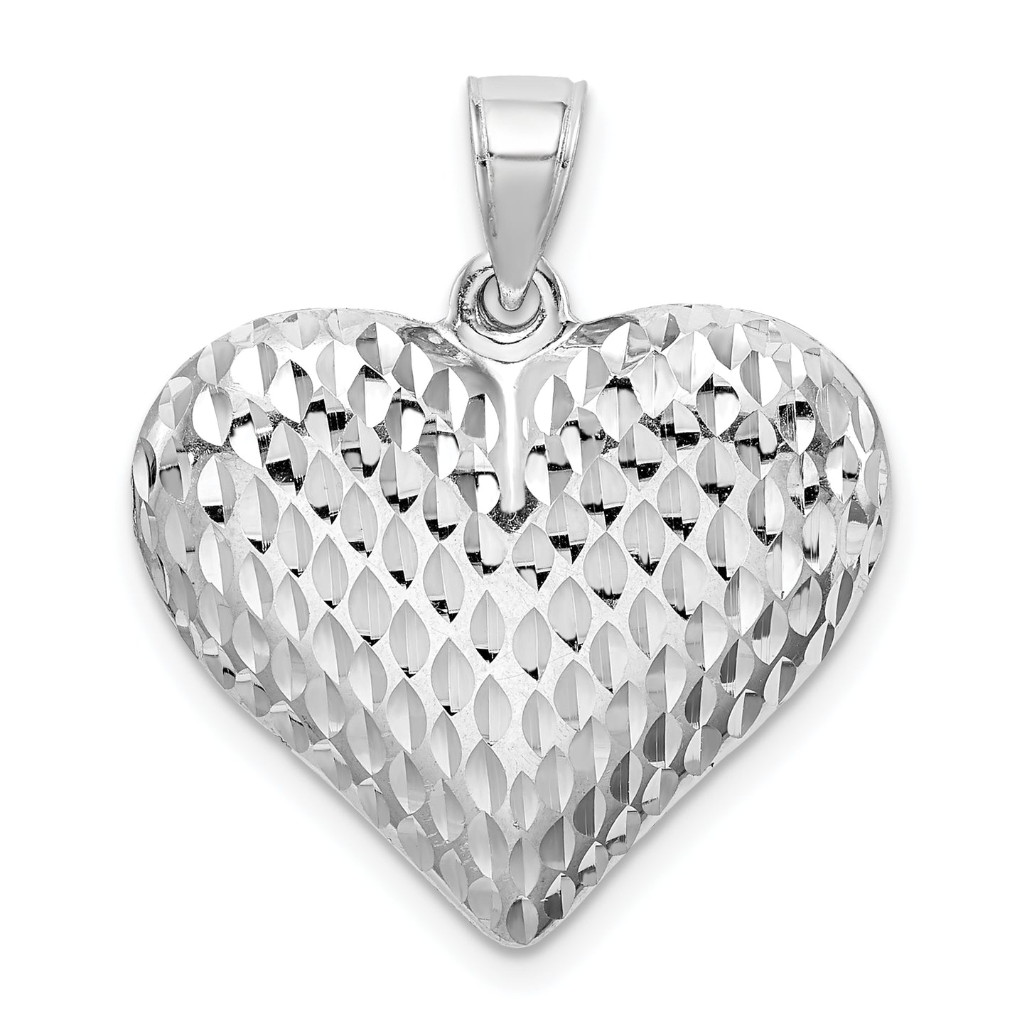 Sterling Silver Rhodium-Plated Diamond-Cut Puffed Heart Pendant