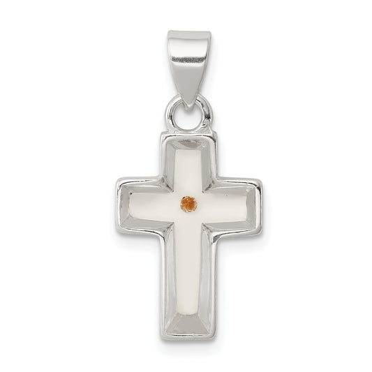 Sterling Silver Rhodium-Plated Enameled Mustard Seed Cross Pendant