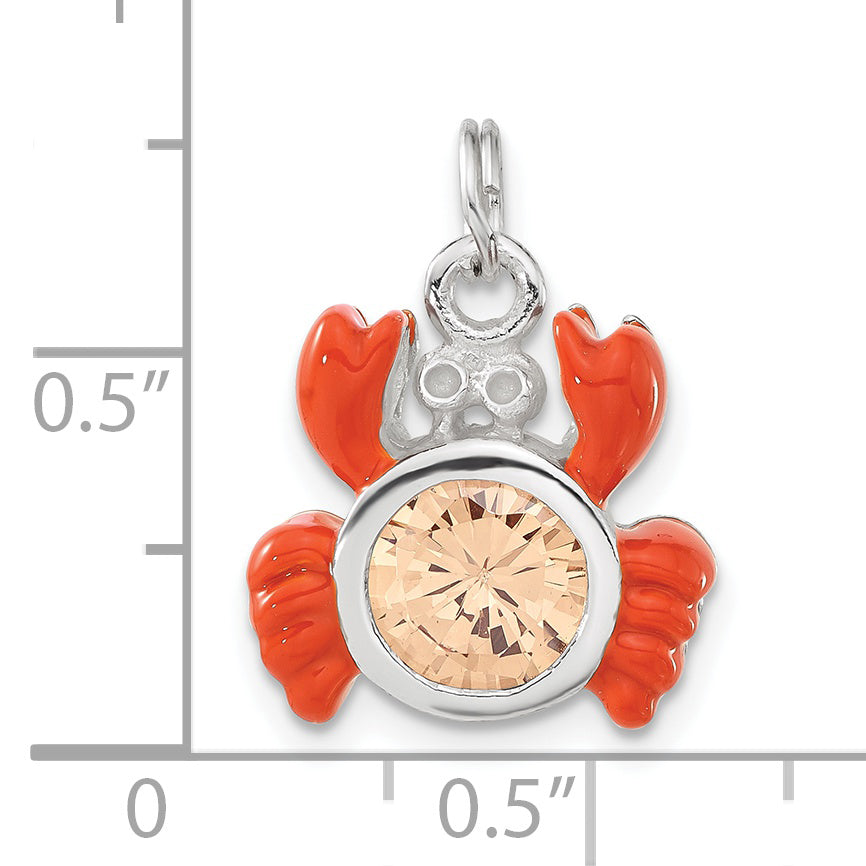 Sterling Silver Polished Orange Cz & Enameled Crab Charm