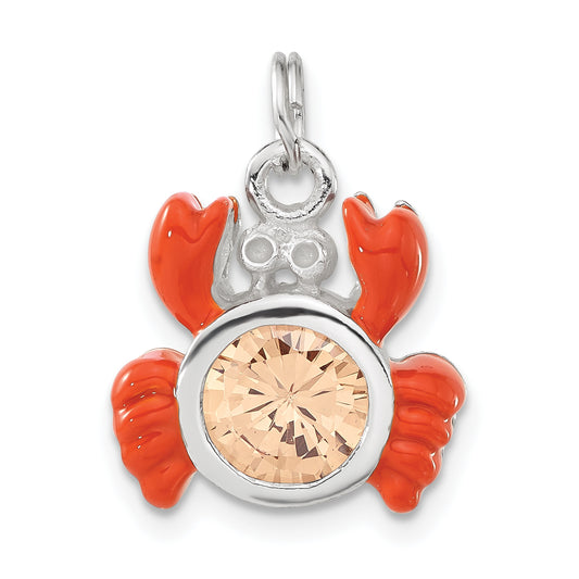 Sterling Silver Polished Orange Cz & Enameled Crab Charm