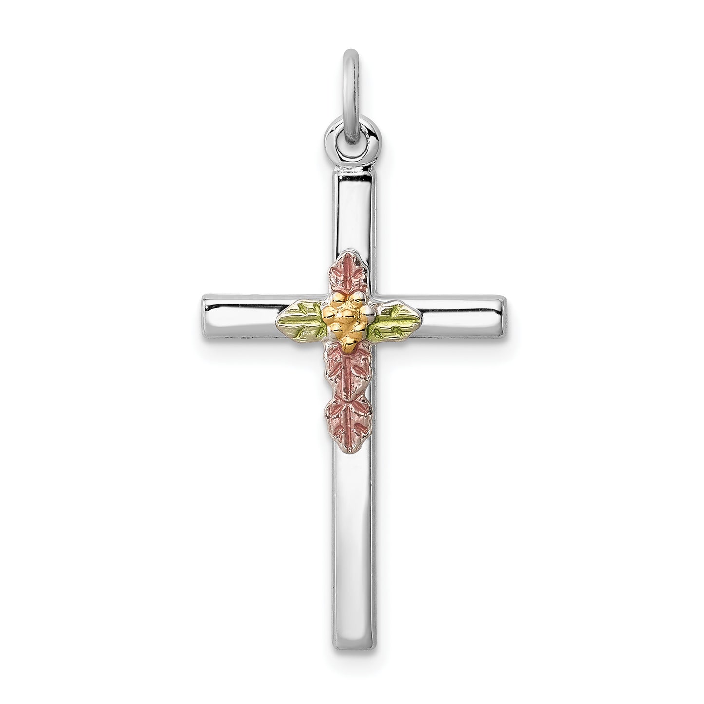 Sterling Silver Rhodium-Plated Polished Epoxy & Gold-Plated Cross Pendant